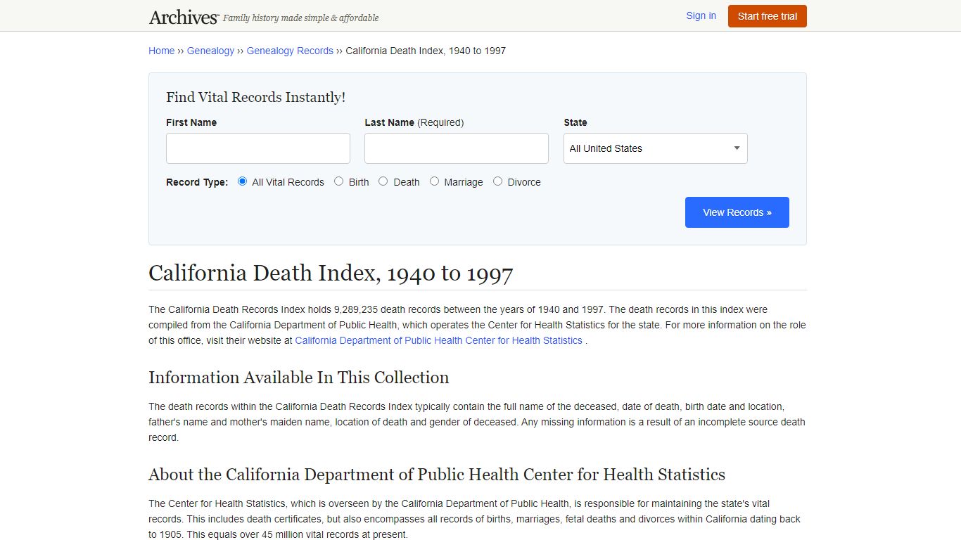 California Death Index | Search Collections & Indexes - Archives.com